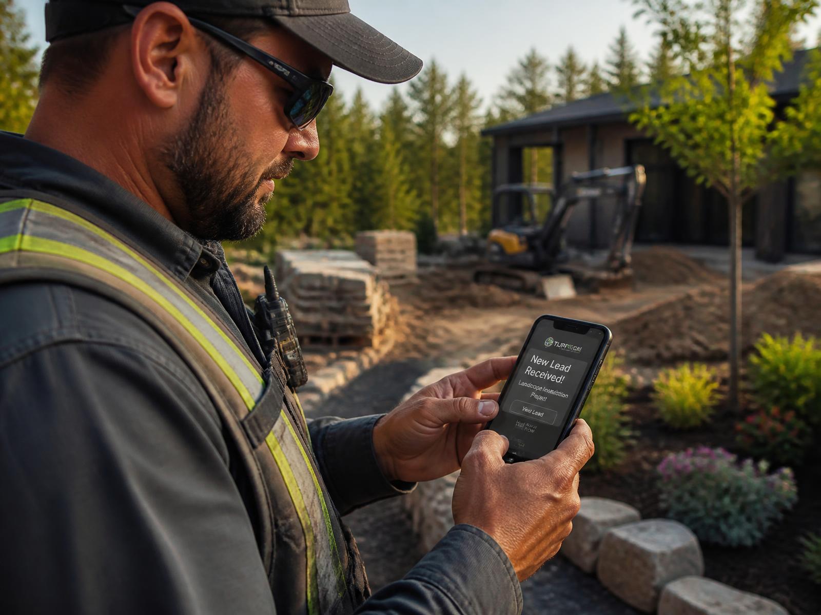 Outdoor contractor working on a jobsite while BlueLine answers the phone